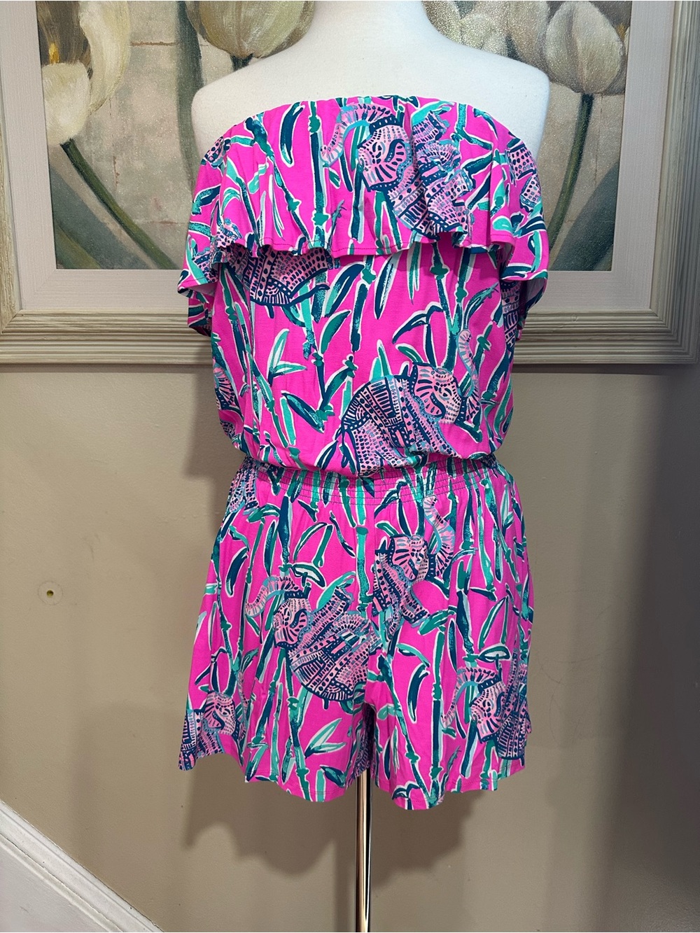Lilly Pulitzer Pink Off Shoulder Ruffle Romper Bubblegum Pink Elephant Print  M